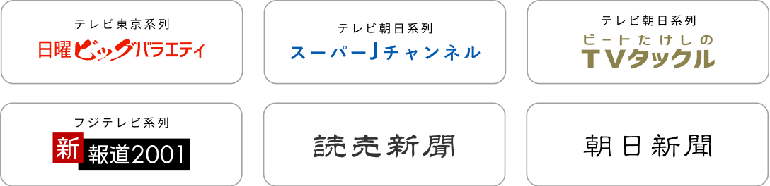 テレビ東京系列 日曜ビッグバラエティ・テレビ朝日系列 スーパーJチャンネル・テレビ朝日系列ビートたけしのTVタックル・フジテレビ系列 新報道2001・読売新聞・朝日新聞